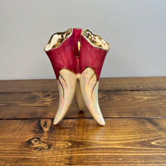 Vintage MCM Vase Pink Fuchsia Gold Lusterware Tricorn Mid Century Modern - Picture 2 of 11